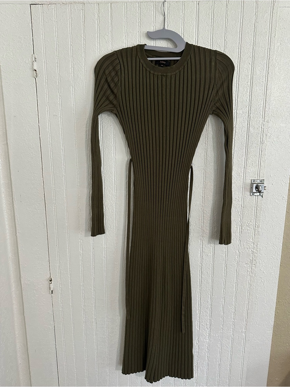 Quince Olive Green Cotton Cashmere Ribbed Long Sleeve Crew Midi Dress